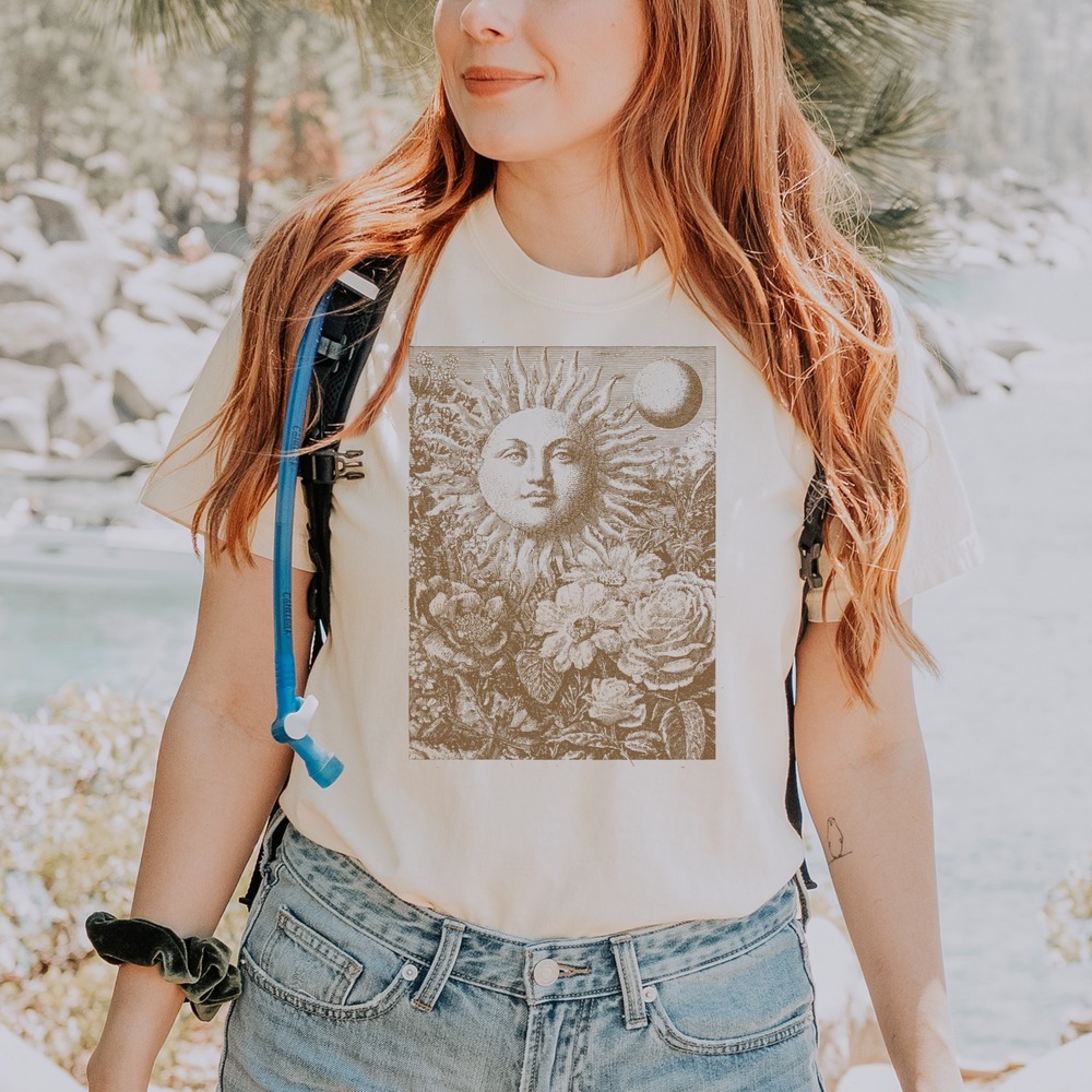 Mystical Face & Botanical Garden Graphic Tee Engraving Art